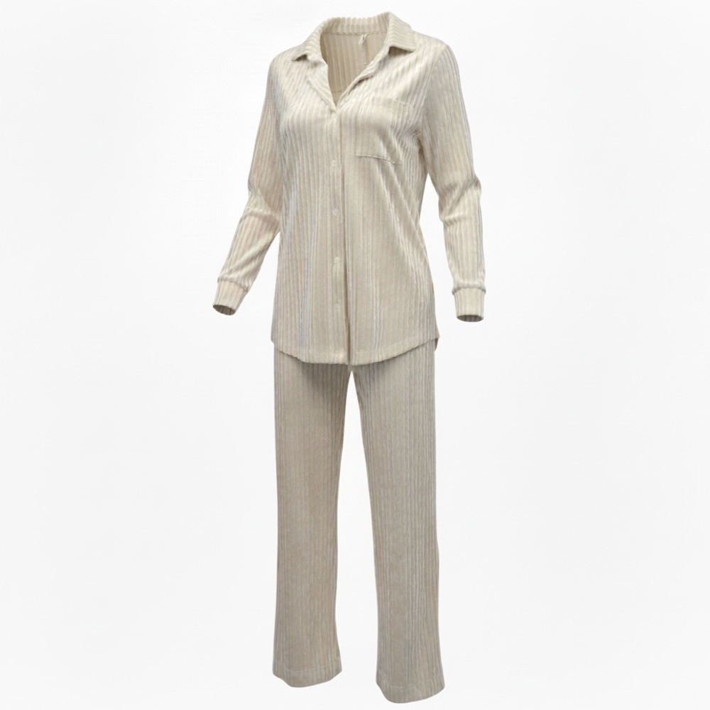 Soma Velvety Rib Pajama Lounge Set M Beige Soft Knit Notch Collar Top Pants